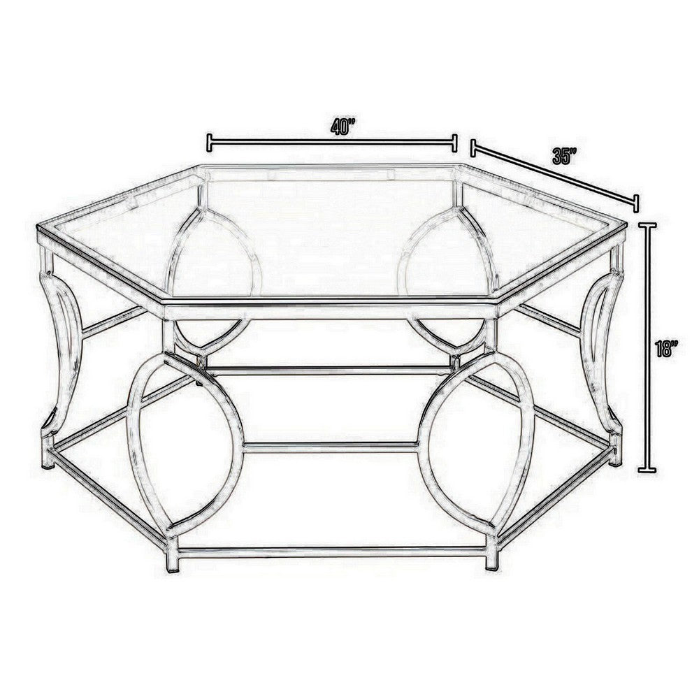 Slade 40 Inch Coffee Table, Hexagonal Glass Top, Geometric Base, Chrome - BM300667