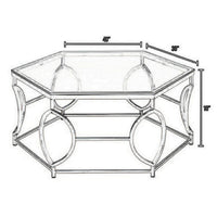 Slade 40 Inch Coffee Table, Hexagonal Glass Top, Geometric Base, Chrome - BM300667