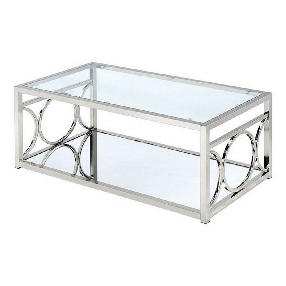 Paire 47 Inch Coffee Table, Glass Top, Mirrored Bottom Shelf, Metal Accents - BM300669