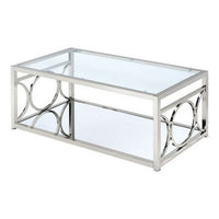Paire 47 Inch Coffee Table, Glass Top, Mirrored Bottom Shelf, Metal Accents - BM300669
