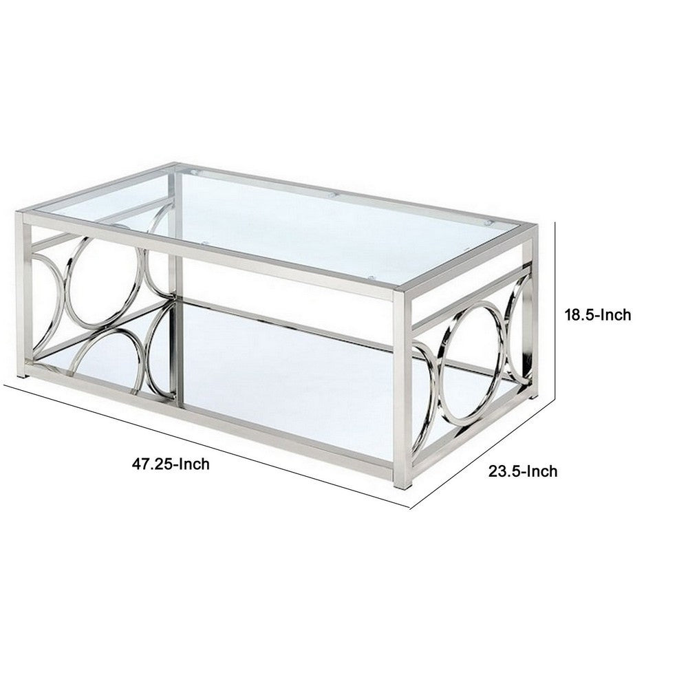 Paire 47 Inch Coffee Table, Glass Top, Mirrored Bottom Shelf, Metal Accents - BM300669