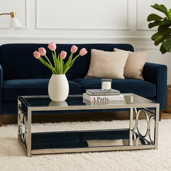 Paire 47 Inch Coffee Table, Glass Top, Mirrored Bottom Shelf, Metal Accents - BM300669