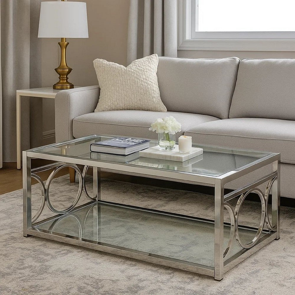 Paire 47 Inch Coffee Table, Glass Top, Mirrored Bottom Shelf, Metal Accents - BM300669