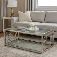 Paire 47 Inch Coffee Table, Glass Top, Mirrored Bottom Shelf, Metal Accents - BM300669