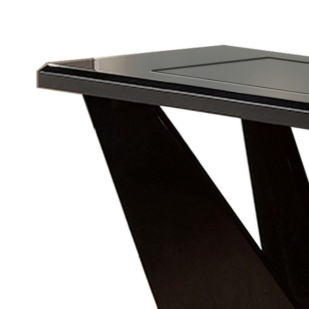 Pera 47 Inch Sofa Console Table, Glass Insert Surface, Geometric, Black - BM300674