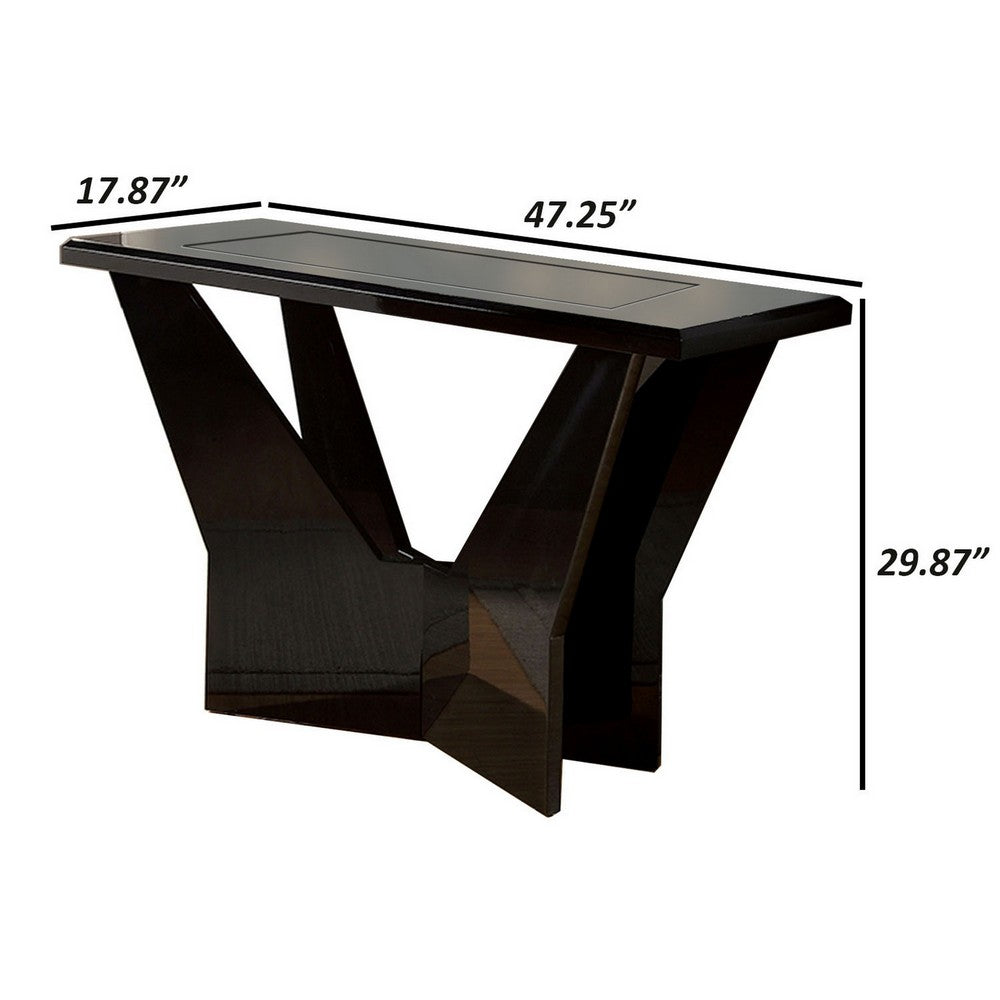 Pera 47 Inch Sofa Console Table, Glass Insert Surface, Geometric, Black - BM300674