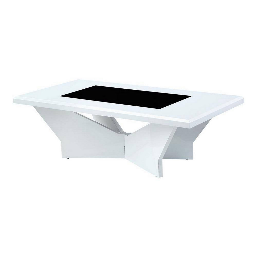 Pera 47 Inch Modern Coffee Table, Black Glass Insert, Geometric, White - BM300675