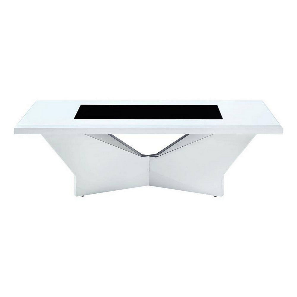 Pera 47 Inch Modern Coffee Table, Black Glass Insert, Geometric, White - BM300675