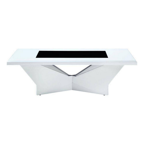 Pera 47 Inch Modern Coffee Table, Black Glass Insert, Geometric, White - BM300675