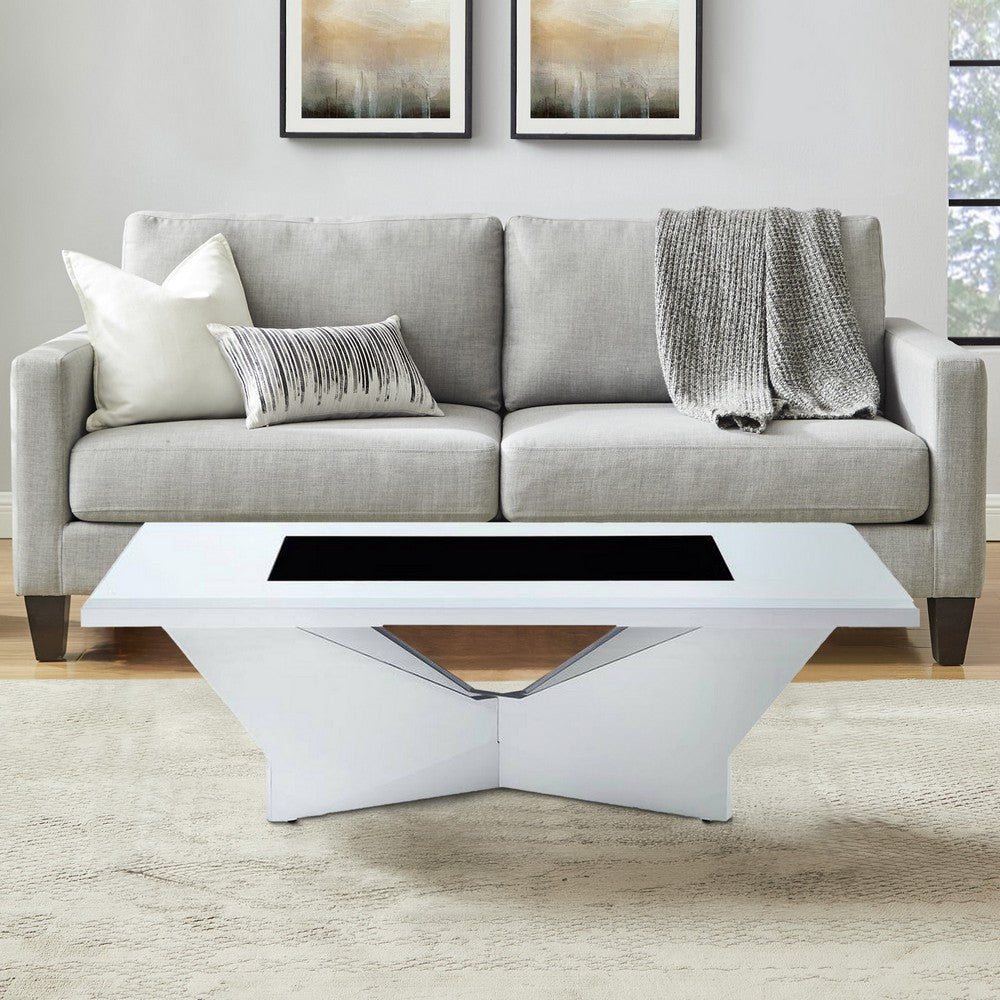 Pera 47 Inch Modern Coffee Table, Black Glass Insert, Geometric, White - BM300675