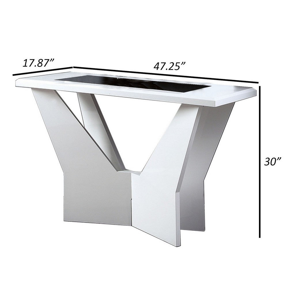 Pera 47 Inch Sofa Console Table, Glass Insert Surface, Geometric, White - BM300677