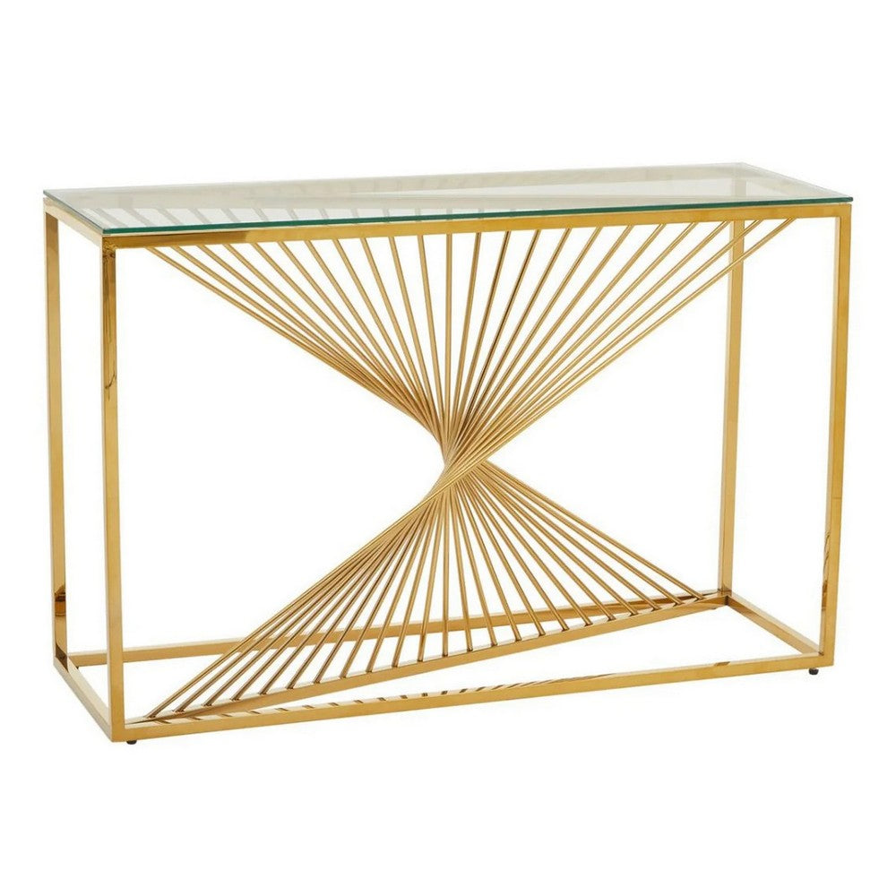 Glen 47 Inch Sofa Console Table, Tempered Glass Top, Twisted Slatted Design - BM300679