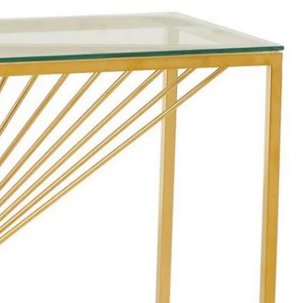 Glen 47 Inch Sofa Console Table, Tempered Glass Top, Twisted Slatted Design - BM300679