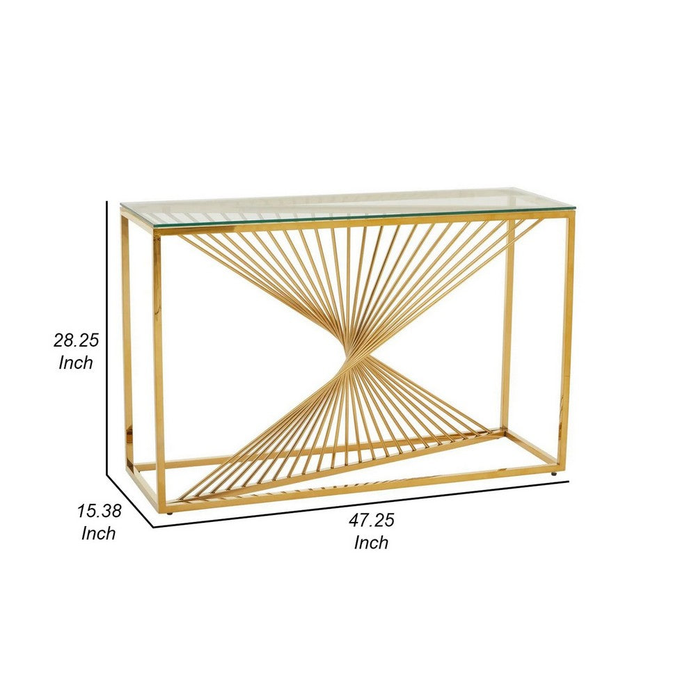 Glen 47 Inch Sofa Console Table, Tempered Glass Top, Twisted Slatted Design - BM300679