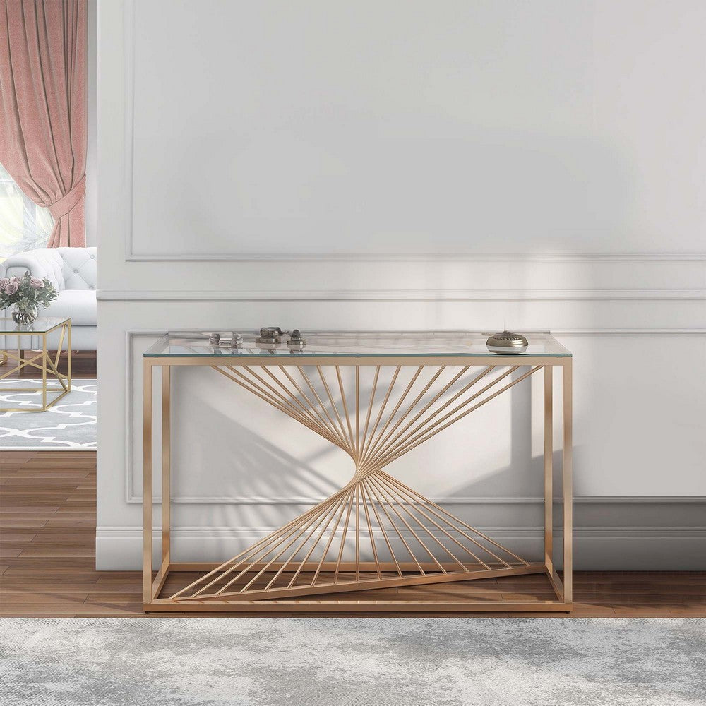 Glen 47 Inch Sofa Console Table, Tempered Glass Top, Twisted Slatted Design - BM300679