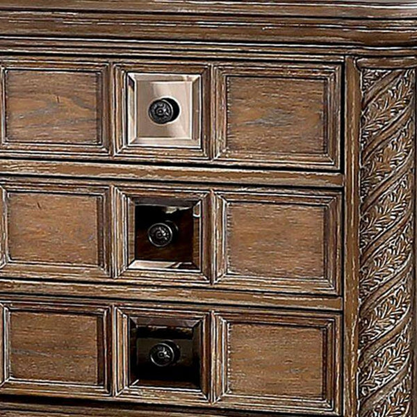 Isac 30 Inch Nightstand, 3 Gliding Drawers, Carved Faux Wood, Rustic Brown - BM300685