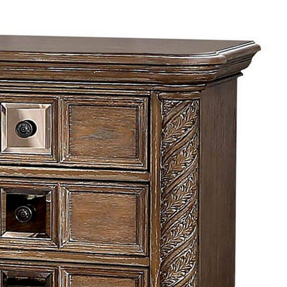 Isac 30 Inch Nightstand, 3 Gliding Drawers, Carved Faux Wood, Rustic Brown - BM300685