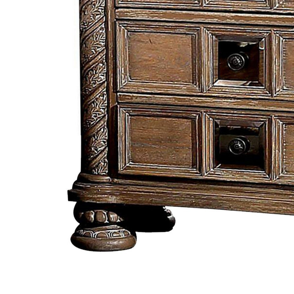 Isac 30 Inch Nightstand, 3 Gliding Drawers, Carved Faux Wood, Rustic Brown - BM300685