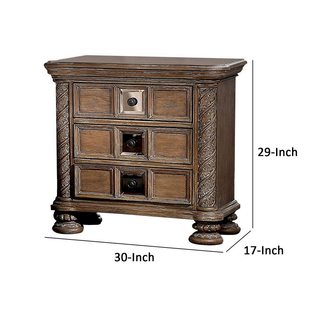Isac 30 Inch Nightstand, 3 Gliding Drawers, Carved Faux Wood, Rustic Brown - BM300685