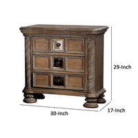 Isac 30 Inch Nightstand, 3 Gliding Drawers, Carved Faux Wood, Rustic Brown - BM300685