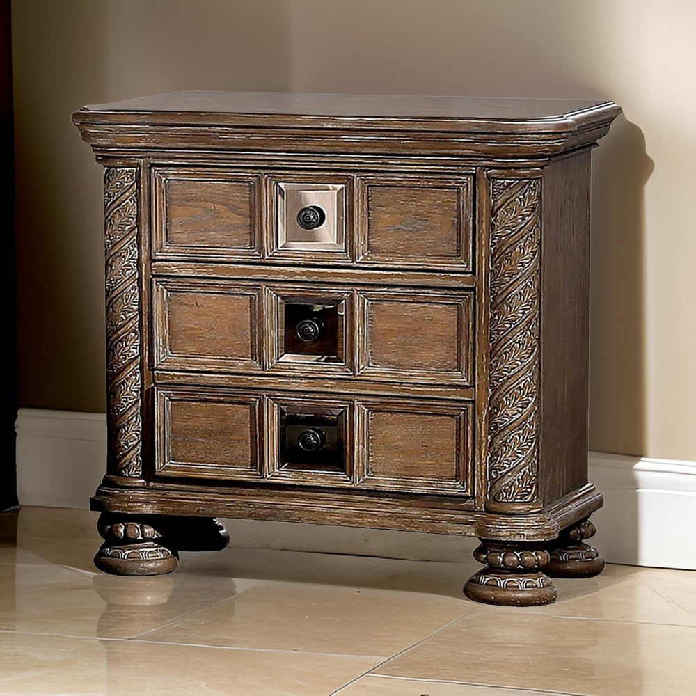 Isac 30 Inch Nightstand, 3 Gliding Drawers, Carved Faux Wood, Rustic Brown - BM300685
