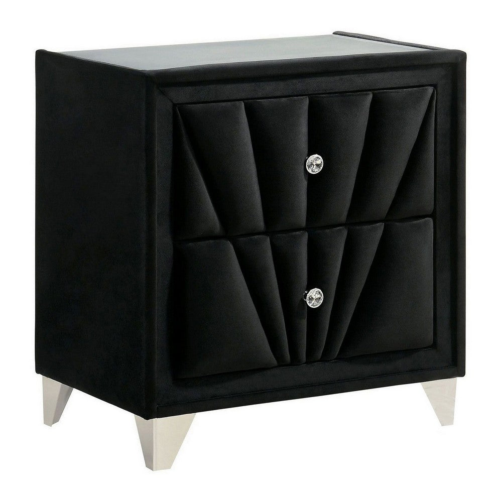 Ino 28 Inch Modern Nightstand, Velvet Upholstery, Art Deco Style, Black - BM300693