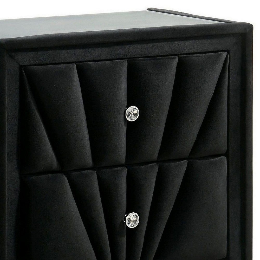 Ino 28 Inch Modern Nightstand, Velvet Upholstery, Art Deco Style, Black - BM300693
