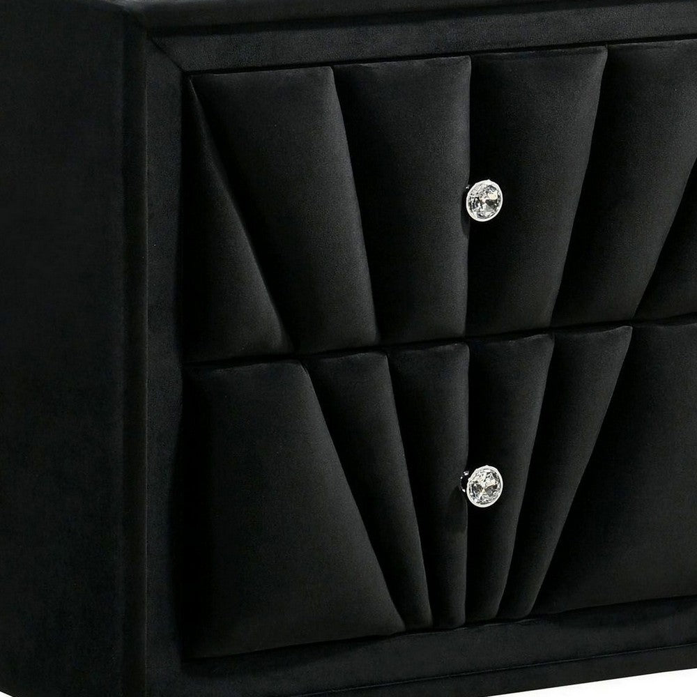 Ino 28 Inch Modern Nightstand, Velvet Upholstery, Art Deco Style, Black - BM300693