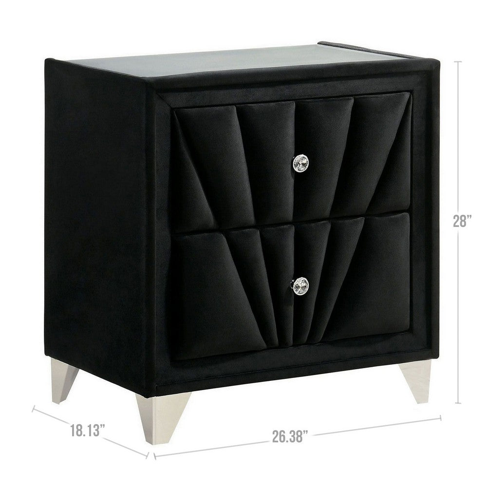 Ino 28 Inch Modern Nightstand, Velvet Upholstery, Art Deco Style, Black - BM300693