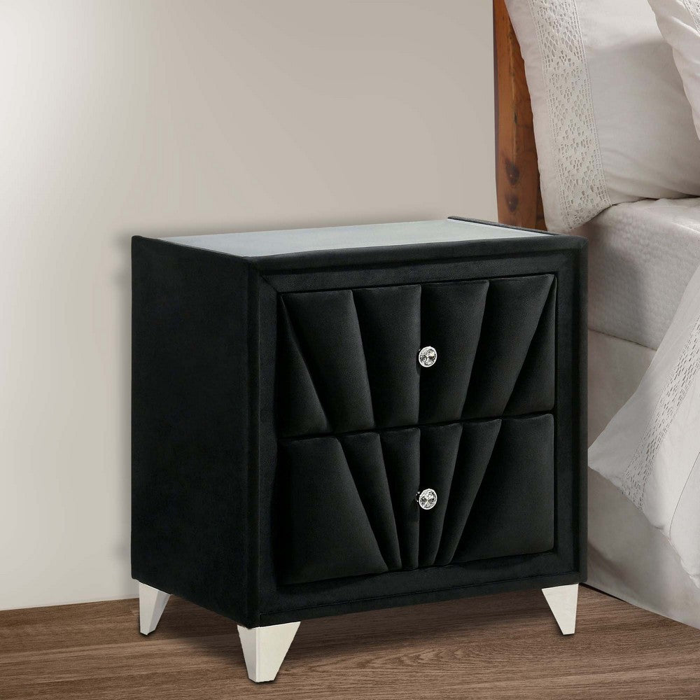 Ino 28 Inch Modern Nightstand, Velvet Upholstery, Art Deco Style, Black - BM300693