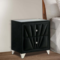 Ino 28 Inch Modern Nightstand, Velvet Upholstery, Art Deco Style, Black - BM300693