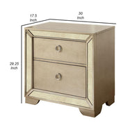 Leena 30 Inch Nightstand, Mirror Trim, 2 Gliding Drawers, Champagne Gold - BM300705