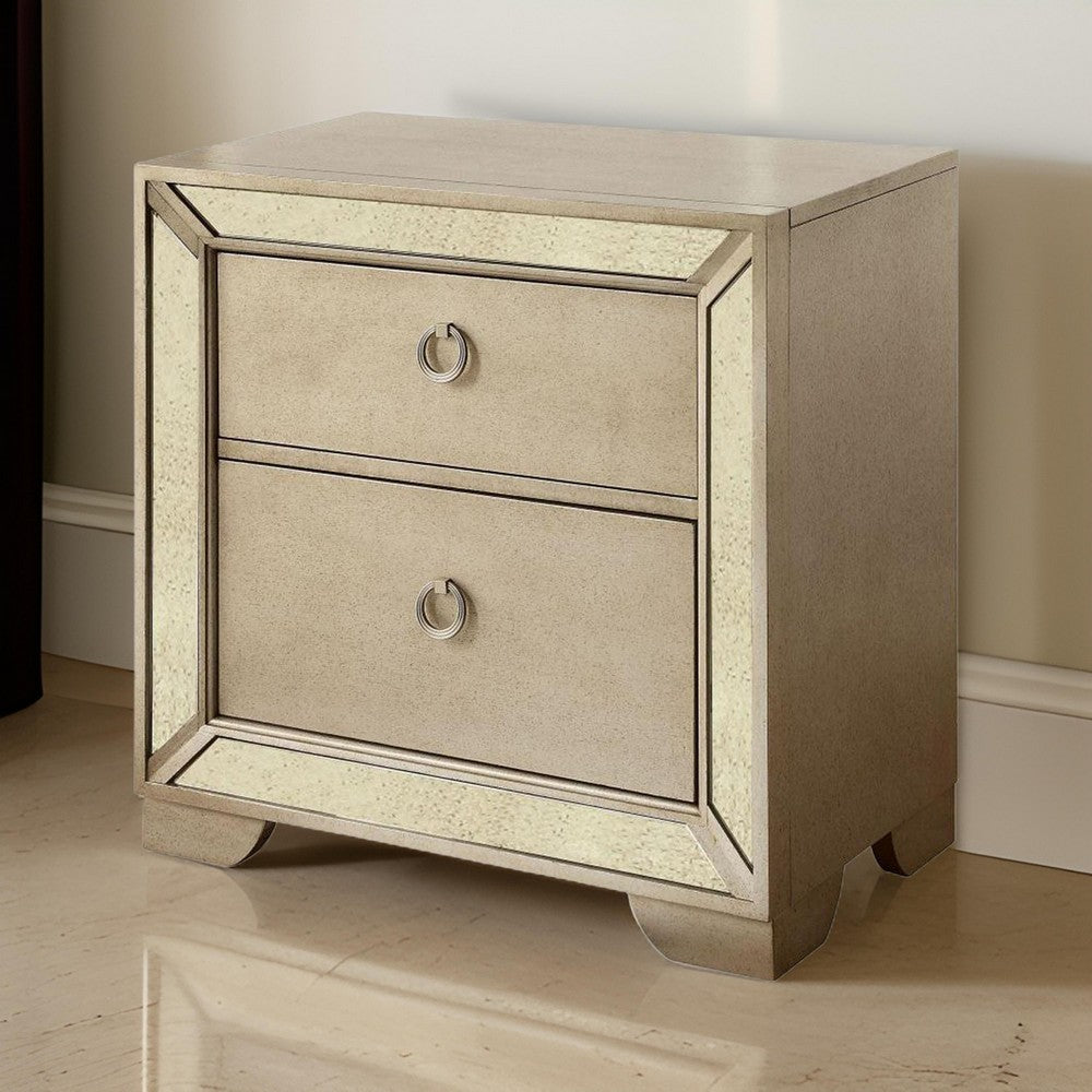 Leena 30 Inch Nightstand, Mirror Trim, 2 Gliding Drawers, Champagne Gold - BM300705