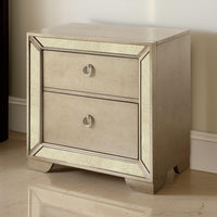Leena 30 Inch Nightstand, Mirror Trim, 2 Gliding Drawers, Champagne Gold - BM300705