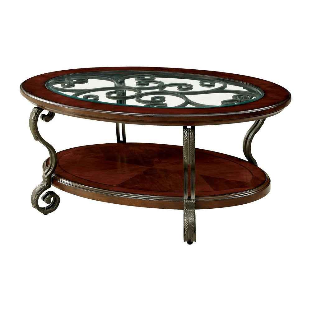48 Inch Oval Coffee Table, Glass Top, Scrolled Metal Legs, Cherry Brown  - BM300707