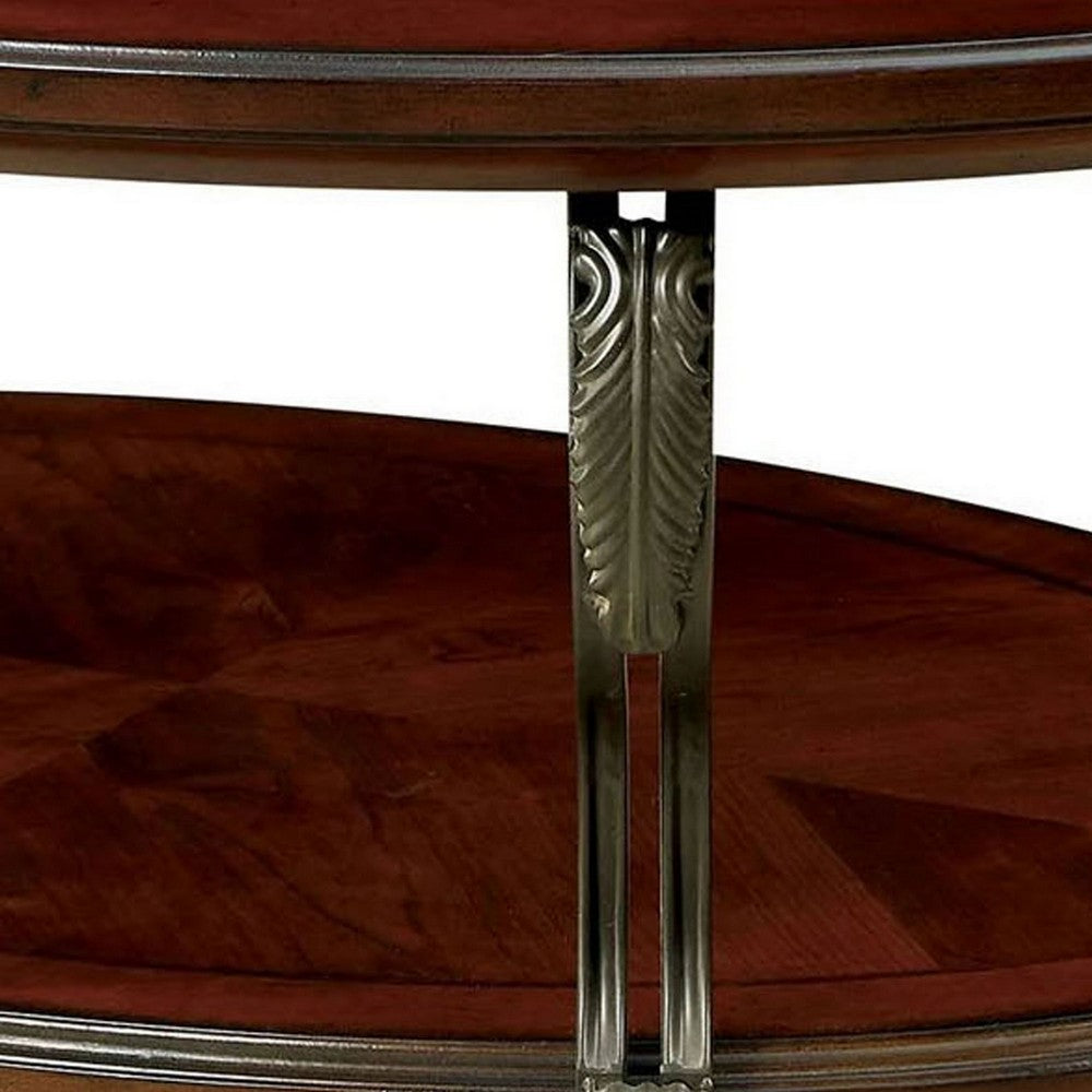 48 Inch Oval Coffee Table, Glass Top, Scrolled Metal Legs, Cherry Brown  - BM300707