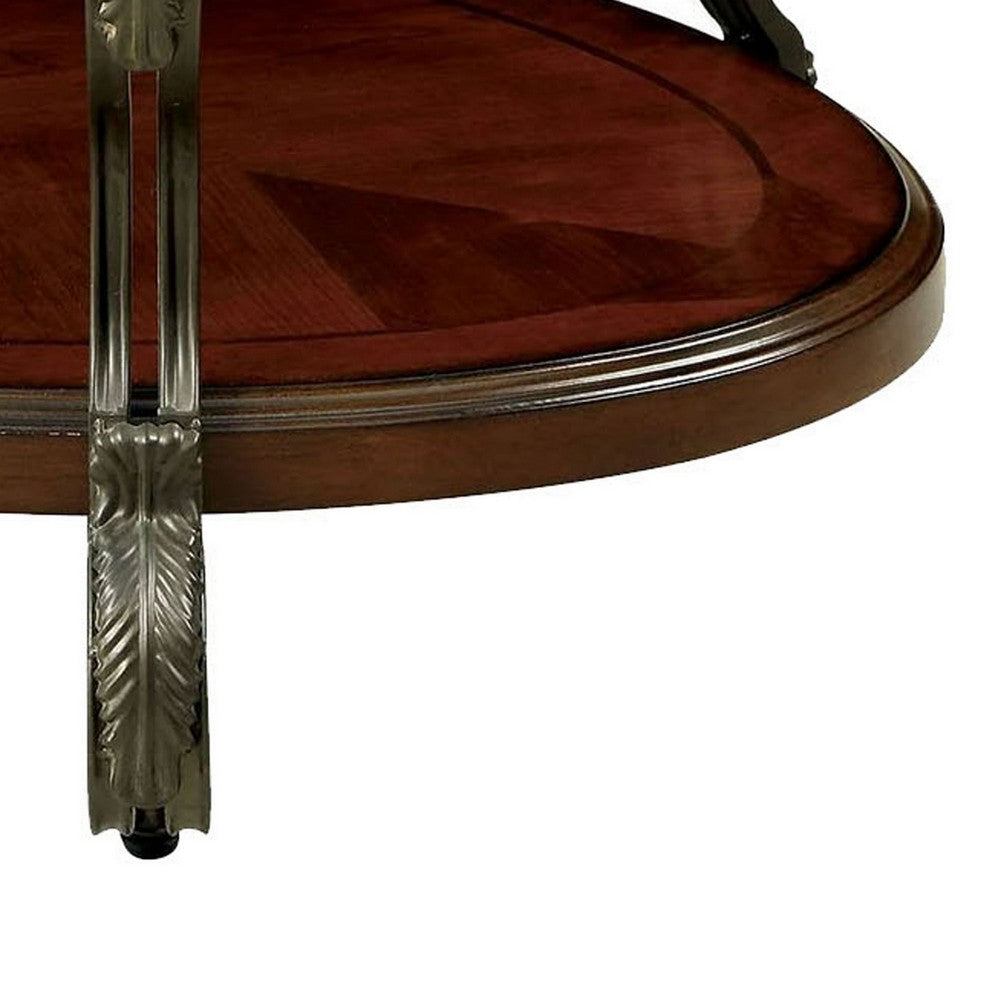 48 Inch Oval Coffee Table, Glass Top, Scrolled Metal Legs, Cherry Brown  - BM300707