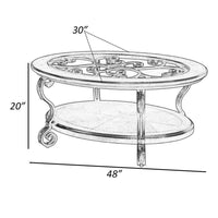 48 Inch Oval Coffee Table, Glass Top, Scrolled Metal Legs, Cherry Brown  - BM300707