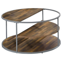 Lenn 35 Inch 3 Tier Round Brown Coffee Table, Half Shelf Design, Gray Frame - BM300710