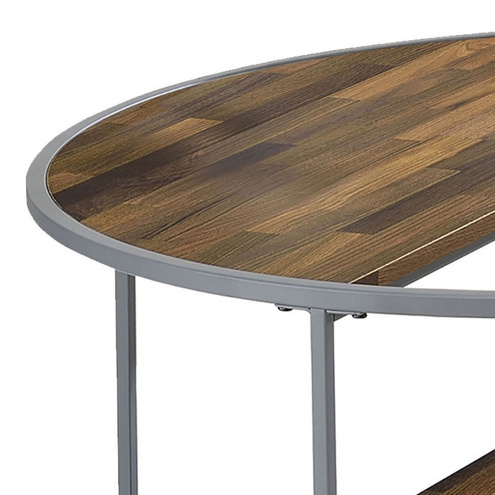 Lenn 35 Inch 3 Tier Round Brown Coffee Table, Half Shelf Design, Gray Frame - BM300710