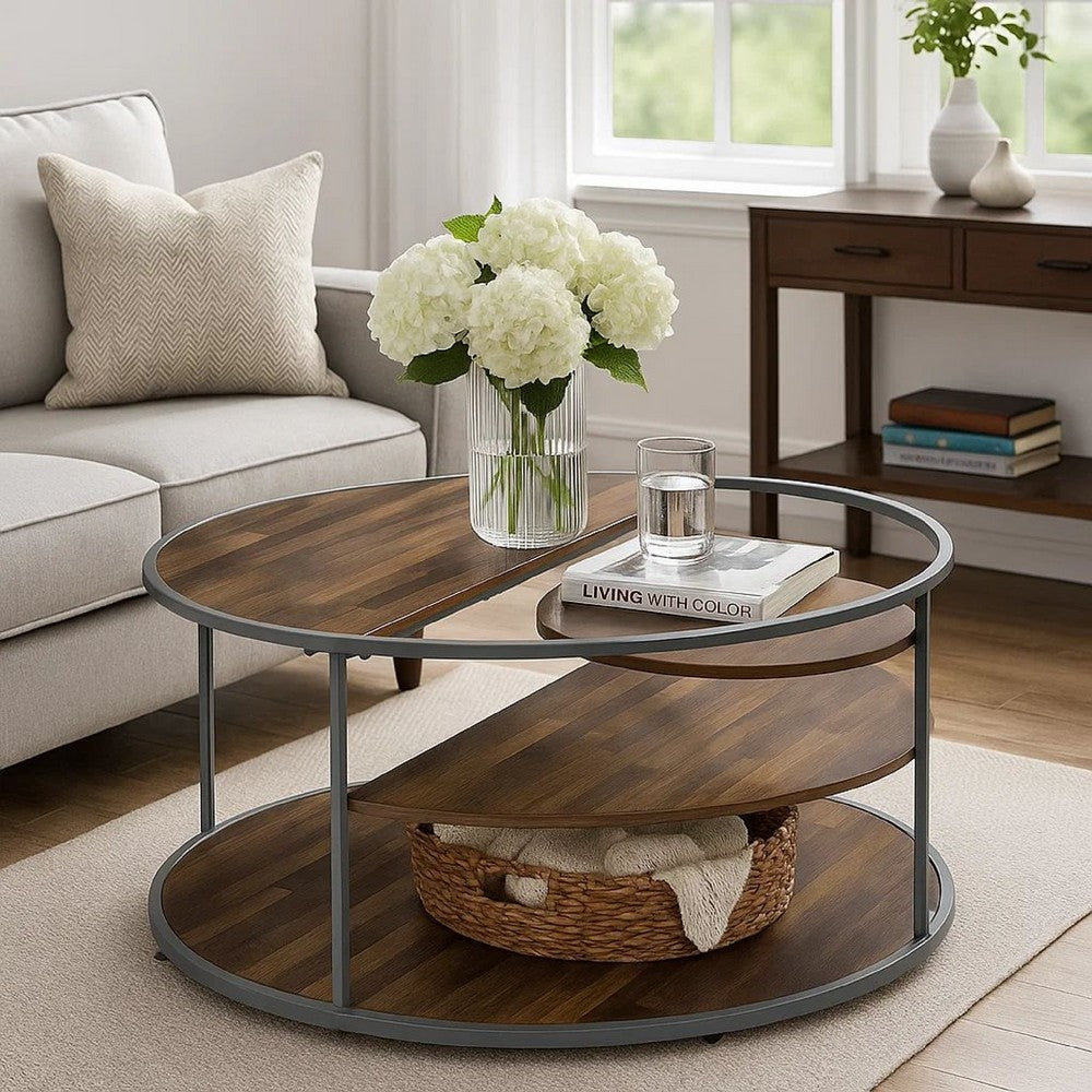 Lenn 35 Inch 3 Tier Round Brown Coffee Table, Half Shelf Design, Gray Frame - BM300710