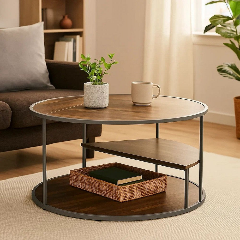 Lenn 35 Inch 3 Tier Round Brown Coffee Table, Half Shelf Design, Gray Frame - BM300710
