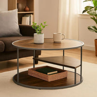 Lenn 35 Inch 3 Tier Round Brown Coffee Table, Half Shelf Design, Gray Frame - BM300710
