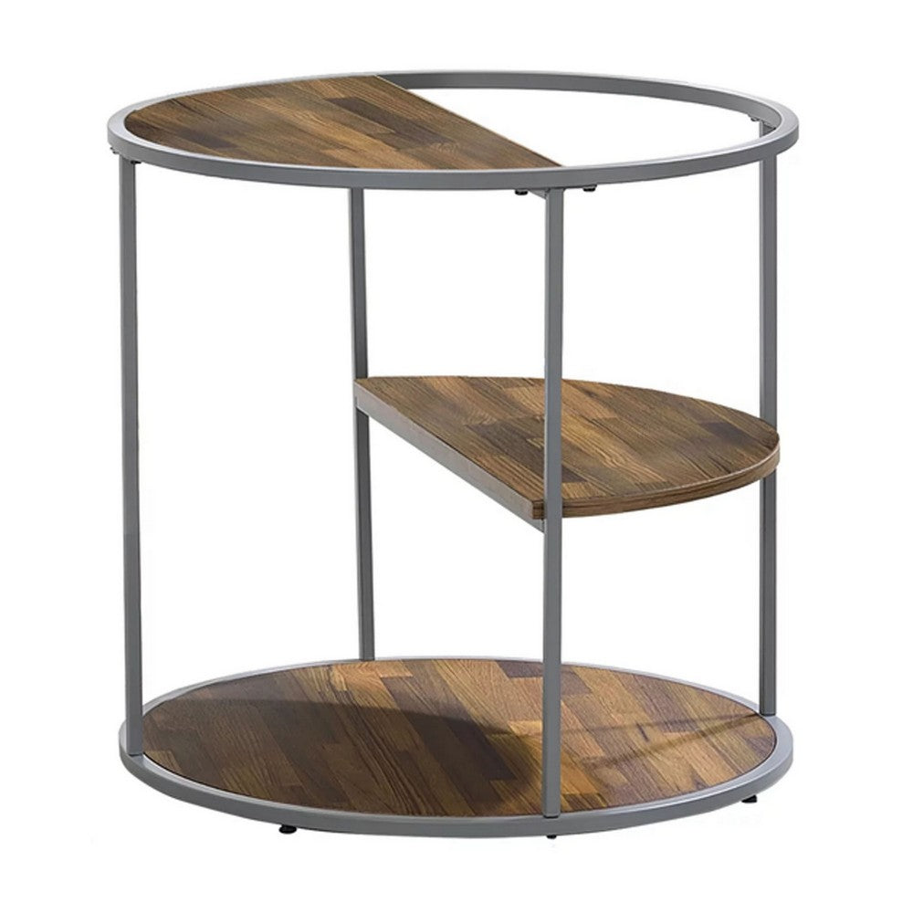Lenn 24 Inch 3 Tier Round Brown Side End Table, Half Shelf, Gray Frame - BM300711