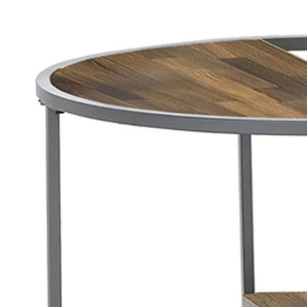 Lenn 24 Inch 3 Tier Round Brown Side End Table, Half Shelf, Gray Frame - BM300711