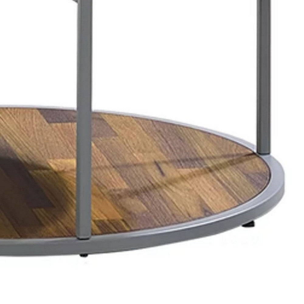 Lenn 24 Inch 3 Tier Round Brown Side End Table, Half Shelf, Gray Frame - BM300711