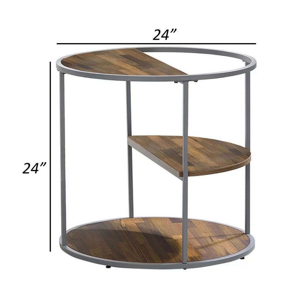 Lenn 24 Inch 3 Tier Round Brown Side End Table, Half Shelf, Gray Frame - BM300711