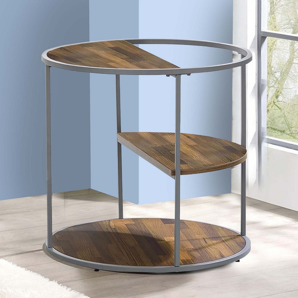 Lenn 24 Inch 3 Tier Round Brown Side End Table, Half Shelf, Gray Frame - BM300711