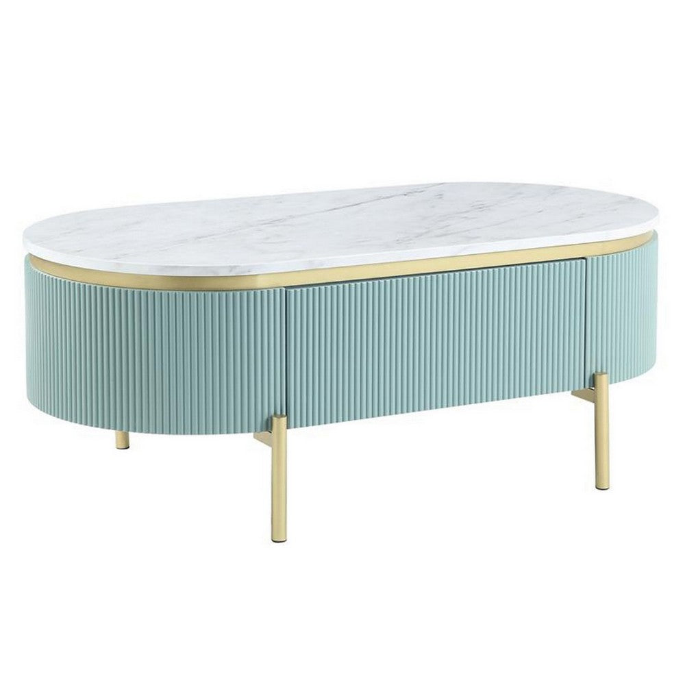 Ville 48 Inch Oblong Coffee Table, White Faux Marble Top, Teal Reeded Edges - BM300712
