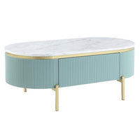 Ville 48 Inch Oblong Coffee Table, White Faux Marble Top, Teal Reeded Edges - BM300712